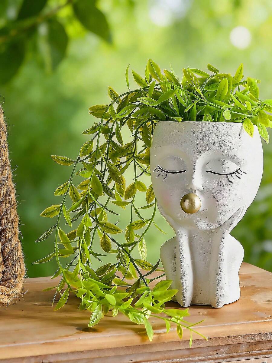 臉型花盆/植栽盆,適用於室內外植物,樹脂材質,適合多肉植物,附排水孔,可愛女士臉型植栽盆 - A - 查看 1