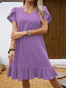 Vestido de Mujer con Cuello en V, Mangas de Concha y Volantes - Negro mate - Ver 4