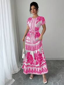 Vestido de Moda Oriental con Estampado Floral y Cinturón Ajustable para Mujer, Escote Redondo - Blanco marfil - Ver 3
