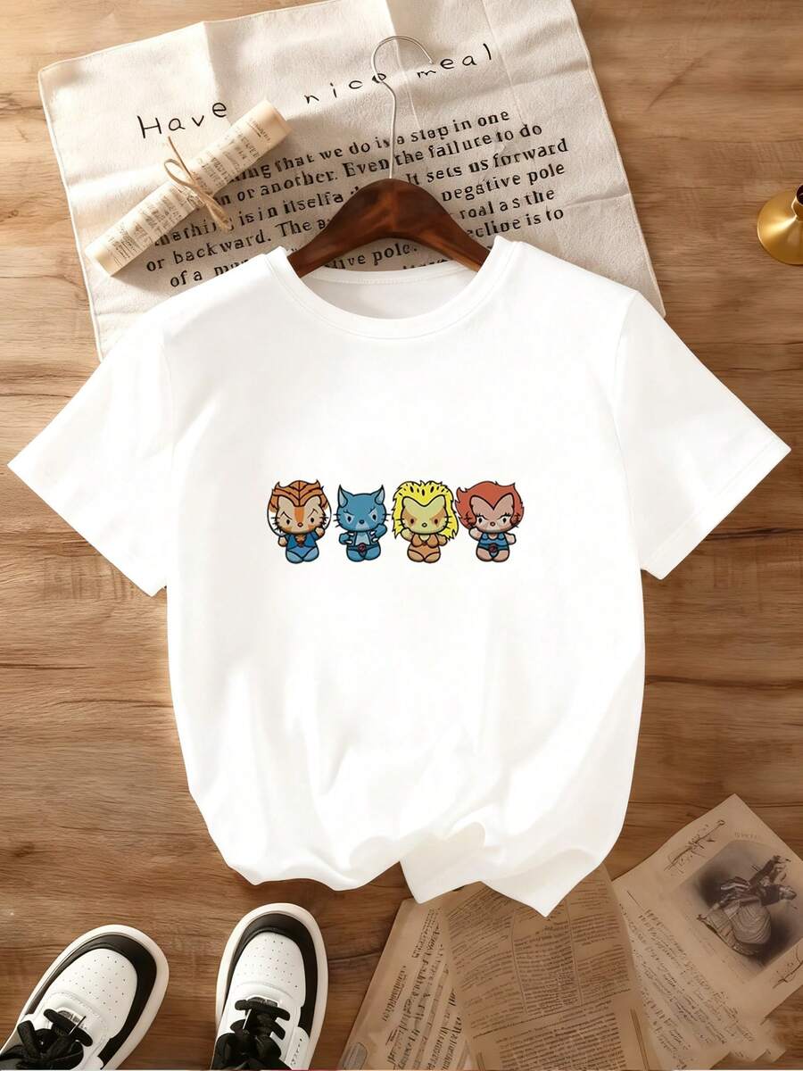 Local Shops, Men's Shirts, Men's Clothing, Men's T-Shirts, 189G White And Black T-Shirt, Cartoon Character Print, High Quality Printing, Crew Neck, Basic Loose Fit, For Men And Women, Breathable, Quick Dry, Versatile, Machine Washable, Comfortable, Sizes S ~ 2XL, Daily Use, Casual, Sporty, Summer Essential. - 白色 - 查看 1