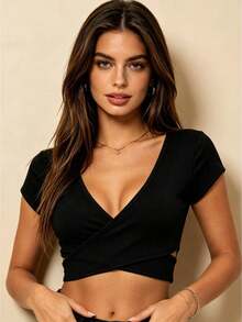 Womens Crop Tops Short Sleeve Cross Wrap V Neck Solid Color Ribbed Slim Fit Summer Shirt - Black - View 1