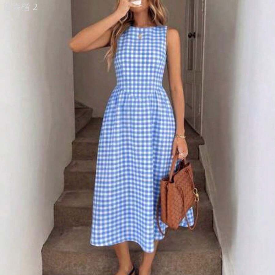xuehuamaoyi02  X GALILEA  LUNE Vestido midi entallado en la cintura con pliegues, de cuello redondo y sin mangas, de tela de algodón a rayas, casual, elegante para el resort y uso diario para mujeres - Azul y blanco - Ver 1