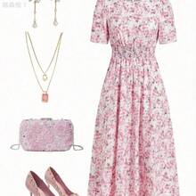 jianchaimaoyi02  Vestido elegante de longitud media con cuello redondo, manga corta, estampado floral y cinturón para mujer - Celeste - Ver 8