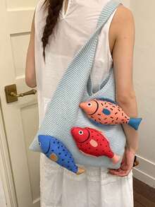1pc White Tote Bag With 3D Fish Decoration, Large Capacity Casual Shoulder Handbag, Reusable Multi-Purpose Storage Bag, Cute Beach Tote For Summer Vacation, Daily Use, Shopping, Work, School & Travel, Lightweight & Durable Knit Shoulder Bag, Perfect Birthday/Holiday Gift For Her.,Back To School - Multicolor - View 4