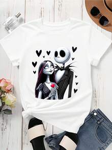 Disney Crew Neck  T Shirt Black Jack Skellington And Sally Couple Print For Casual Wear - White - View 3