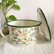 VAETTLO 1 Piece Thickened Enamel Bowl With Lid, Retro Floral Pattern. Perfect For Salad And More, Durable & Stylish Tableware - View 1