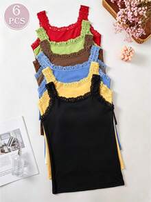 6pcs/Set Women Solid Color Lace Trim Decor Crew Neck Sleeveless Tank Top Vest Camisole - Nhiều màu 1 - Xem 2