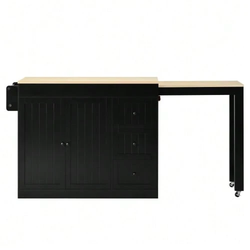 Isla de cocina sobre ruedas, isla de cocina extensible con zona de comedor, especiero y cajones, isla de cocina móvil e independiente, ideal para la cocina y el comedor (blanca). - Negro - Ver 1