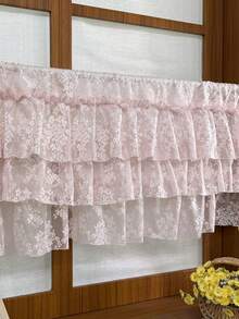 1pc French Romantic Pink Floral Lace Ruffled Curtain For Small Window, 3-Layer Tiered Sheer Valance For Kitchen Cabinet , Rod Pocket Short Sheer Curtain For Cafe Farmhouse Decor - Pink - View 5