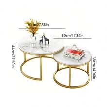Gold-Plated Nesting Round Coffee Table With Wood Grain Marble Top And Sturdy Metal Frame, Suitable For Living Room, Bedroom, Balcony And Patio As Side Table - Gold - View 10