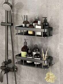 1 pieza Estante de baño de aleación de aluminio, toallero, estante de almacenamiento montado en la pared para champú y cosméticos, organizador de ducha, estante de almacenamiento sobre el fregadero de la cocina - Negro - Ver 1