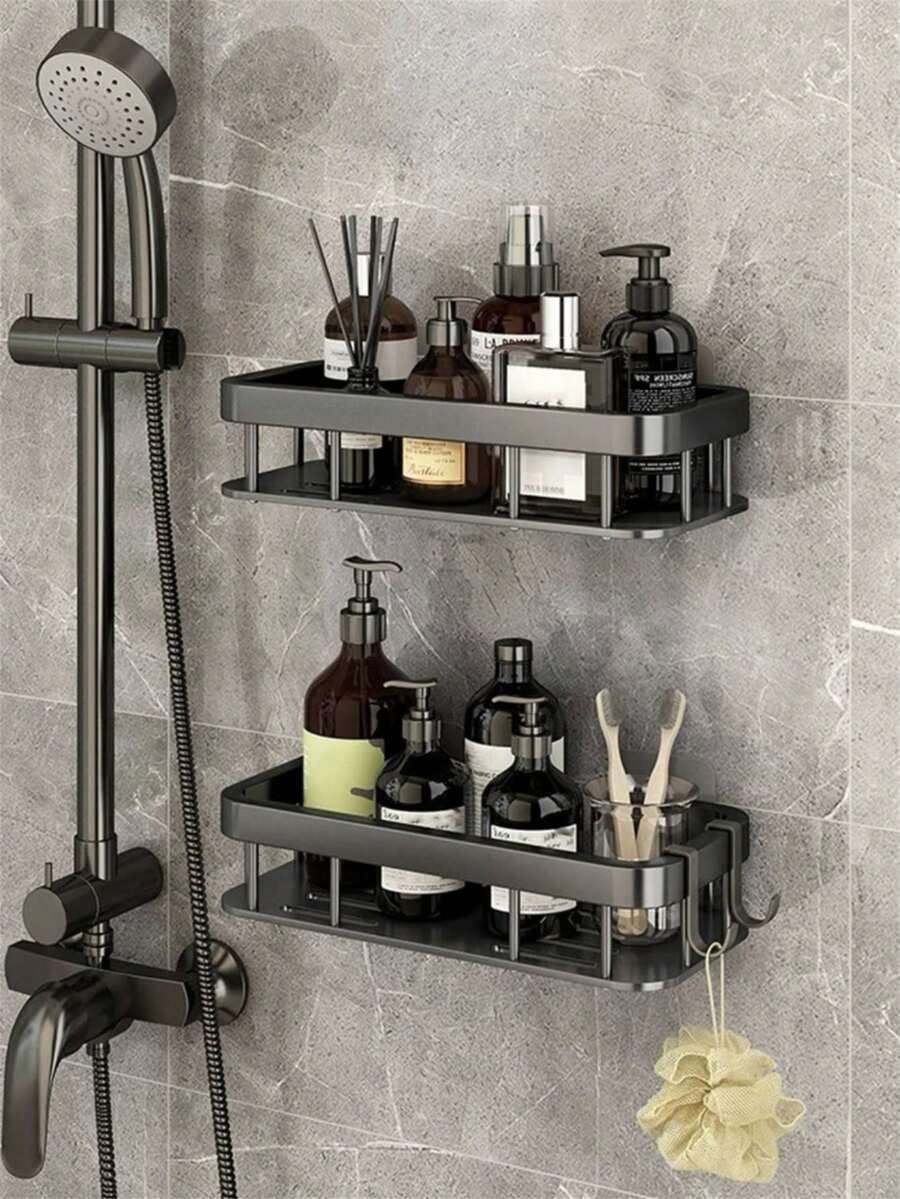 1 pieza Estante de baño de aleación de aluminio, toallero, estante de almacenamiento montado en la pared para champú y cosméticos, organizador de ducha, estante de almacenamiento sobre el fregadero de la cocina - Negro - Ver 1