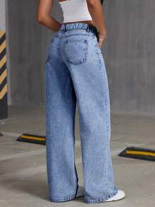 Celana Jeans Biru Muda Sobek Bergaya Remaja Putri, Busana Avant-Garde yang Istimewa untuk Semua Musim, Jeans Esensial Gaya Preppy yang Manis - Medium Wash - View 3