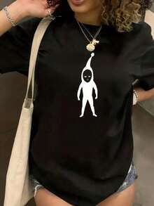 Under The Radar Crew Neck With Fun Print, Black T-Shirt With White Alien Graphic Design, Casual Oversized Top For Women, Unisex Fashion T-Shirt, Ideal For Holiday Gifts - Vintage Urban Style, Unisex Loose Fit Cotton Short Sleeve Crew Neck T-Shirt - 黑色 - 查看 1