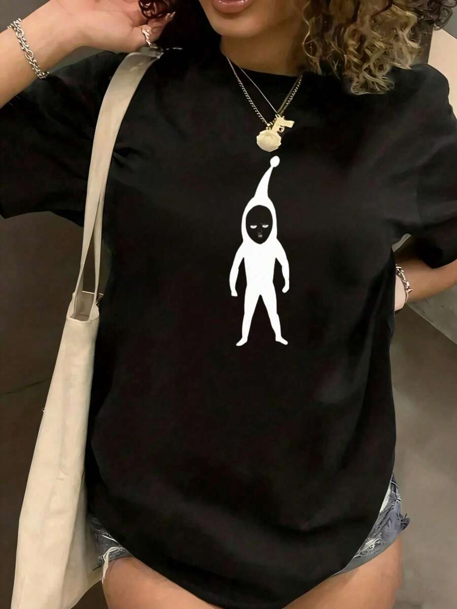 Under The Radar Crew Neck With Fun Print, Black T-Shirt With White Alien Graphic Design, Casual Oversized Top For Women, Unisex Fashion T-Shirt, Ideal For Holiday Gifts - Vintage Urban Style, Unisex Loose Fit Cotton Short Sleeve Crew Neck T-Shirt - 黑色 - 查看 1