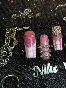 10pcs Handmade Fully Covered Long Square Nails Press On Nails, Pink Nails, 3D Rhinestone&Leopard&Zebra Print Decor, Y2K Sweet And Cool Hot Girl Style, Removable And Reusable False Nails For Party, Daily Wear & Cosplay, With Jelly Glue And Nail File - Pink - View 5