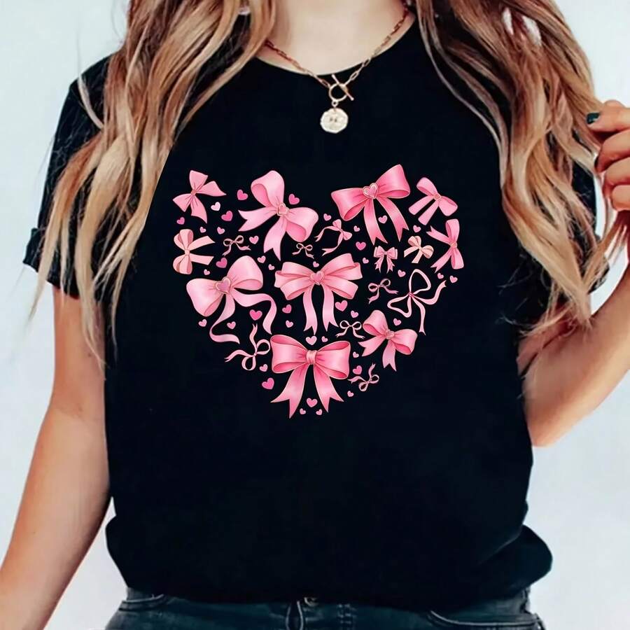 Vaine Cute Coquette Bow Pink Wo Kid T-Shirt Short Sve Tops Wo Summer Ouit Wo Shir Graphic Tee Black Top - 黑色 - 查看 1