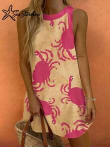 Women's Elegant Sexy Sleeveless Yellow Random Crab Print Dress, Suitable For Spring And Autumn Party Pink Summer - Pink - View 5