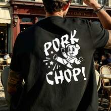 White Printed T-Shirt With A Stylized Pig Motif And The Text PORK CHOP In Bold Black Letters, Accompanied By Stars And Dynamic Effects For A Humorous And Casual Look, Ideal For - Black - View 3