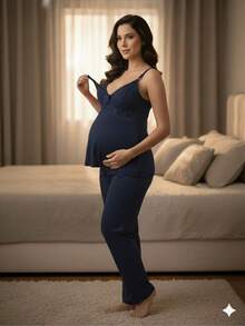 KIT Sutiã Amamentação Abre Fácil Reforçado MICROFIBRA + Pijama CALÇA DOLL longo com Blusa em Click - Azul Marinho - Visão 3