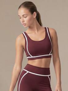 Women's Colorblock Trim High-Support Fitness Training Sports Bra, Push-Up Open Back Yoga Bra - Red Violet - View 6