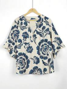 Plus Size Women Floral Print Ruffle V-Neck Blouse Vacation - Khaki - View 4