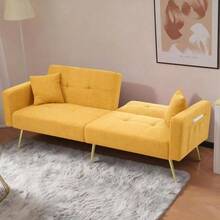 WF200993995B، أريكة سرير قابلة للإمالة، أرجل ذهبية، مع وسائد وجيوب تخزين جانبية - أصفر - مشاهدة 5