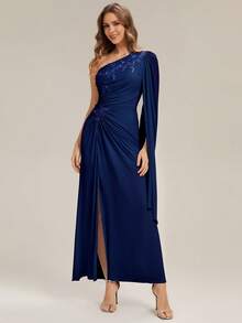 EVERPRETTY Elegant Women's Long Evening Gown, Embroidered Asymmetric Neckline And Slit Design, Charming One-Shoulder Formal Dress - Navy Blue - View 6
