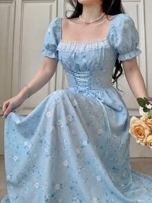 Elegant Long-Sleeved Dress With A Lace Collar And Fitted Hem, Featuring A Charming And Romantic Floral And Lace Design, Ideal For Holidays, Women's Dress - 藍色 - 查看 5