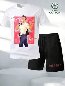 Tony Stark Singing Pose Men's 2 Piece Outfits 100% Cotton T-Shirt And Shorts Set Marvel Superhero Graphic, Streetwear Casual Summer Clothes For Men Summer Clothes Gifts - 白色 - 查看 1
