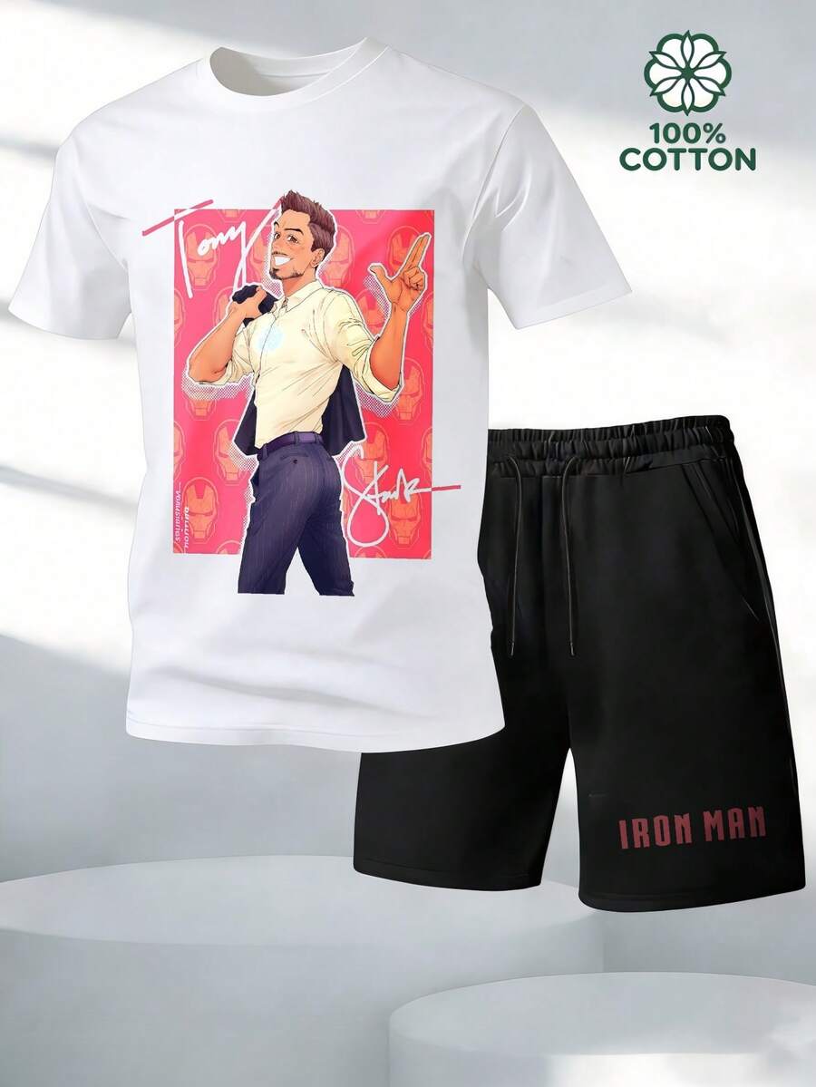 Tony Stark Singing Pose Men's 2 Piece Outfits 100% Cotton T-Shirt And Shorts Set Marvel Superhero Graphic, Streetwear Casual Summer Clothes For Men Summer Clothes Gifts - 白色 - 查看 1