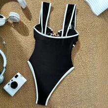 Traje de baño de una pieza de nailon para mujer, para fiestas de vacaciones y playa, bikini - Negro - Ver 6