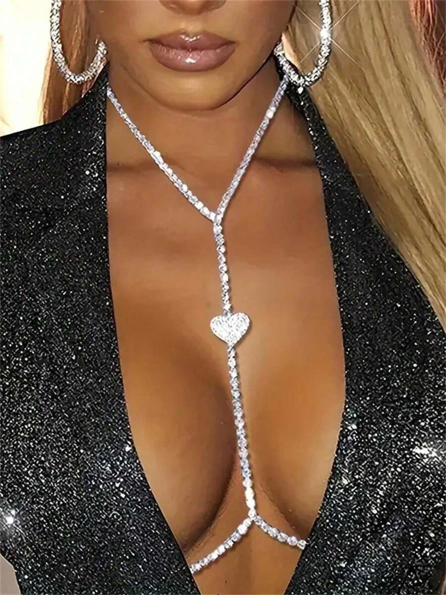 Women's Classic Bra Chain Body Jewelry, Sparkling Rhinestone Design, Sexy Party Accessory - Silver - View 1