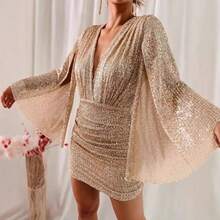 Vestido de lentejuelas con cuello en V, estilo europeo y americano, novedad de otoño 2026, vestido corto ajustado irregular, vestido de fiesta. - Albaricoque - Ver 3