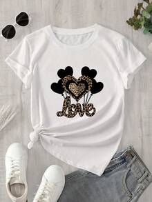 Camiseta de manga corta con cuello redondo para mujer, con estampado de corazones de papel, ideal para todas las estaciones. - Blanco - Ver 1