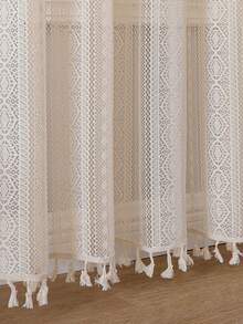 1 Panel Bohemian Lace Tassel Sheer Curtain, Rod Pocket Translucent Window Treatment, French Vintage Textured Cream Style Curtain, Suitable For Living Room And Bedroom, Combining Privacy Protection And Light Filtering Functions - Beige - View 1