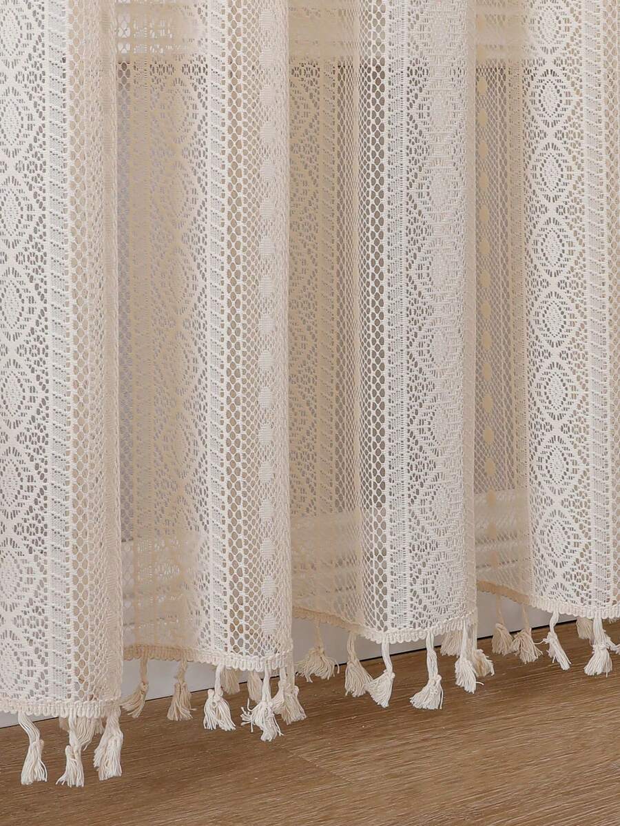 1 Panel Bohemian Lace Tassel Sheer Curtain, Rod Pocket Translucent Window Treatment, French Vintage Textured Cream Style Curtain, Suitable For Living Room And Bedroom, Combining Privacy Protection And Light Filtering Functions - Beige - View 1