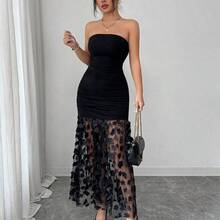 xuehuamaoyi02   Elegante y lujoso vestido de noche para mujer de unicolor, con cintura ceñida, volantes de malla de contraste y escote sin tirantes - Celeste - Ver 6