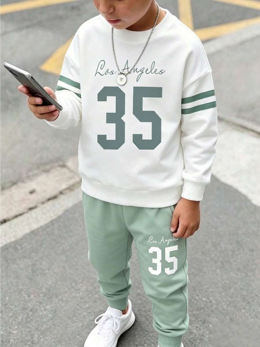 2pcs/Set Boys' Numeric Print Sweatshirt And Sweatpants Sports Suit, Fashionable For Autumn/Winter - Green - View 1