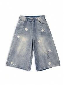 American Retro Star Print 3/4 Length Denim Jeans, Summer New Slimming Lightweight High Street Wide Leg, Random Print Casual - Light Wash - View 6
