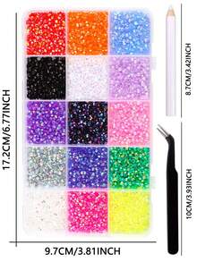 15-Compartment Mixed Color Resin Rhinestone Embellishment Set, Includes Pickup Pen And Tweezers, Suitable For DIY Crafts And Nail Art Decoration - Multicolor - View 3