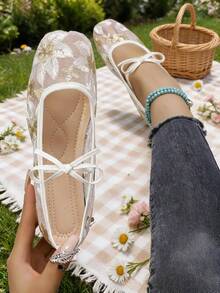 Spring Summer Breathable Mesh Embroidered Shoes, Bow Square Toe Flat Shoes For Women, Plus Size Versatile Party Daily Shoes - Beige - View 1