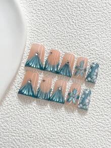 10片夏季風格手工穿戴甲 Polygel 凝膠美甲套組，手繪花卉與水波紋設計，藍白配色，休閒風，附美甲工具，3種尺寸可選，杏仁形、鴨嘴形、棺材形，適合派對、舞蹈、日常配戴 - 彩色 - 查看 15