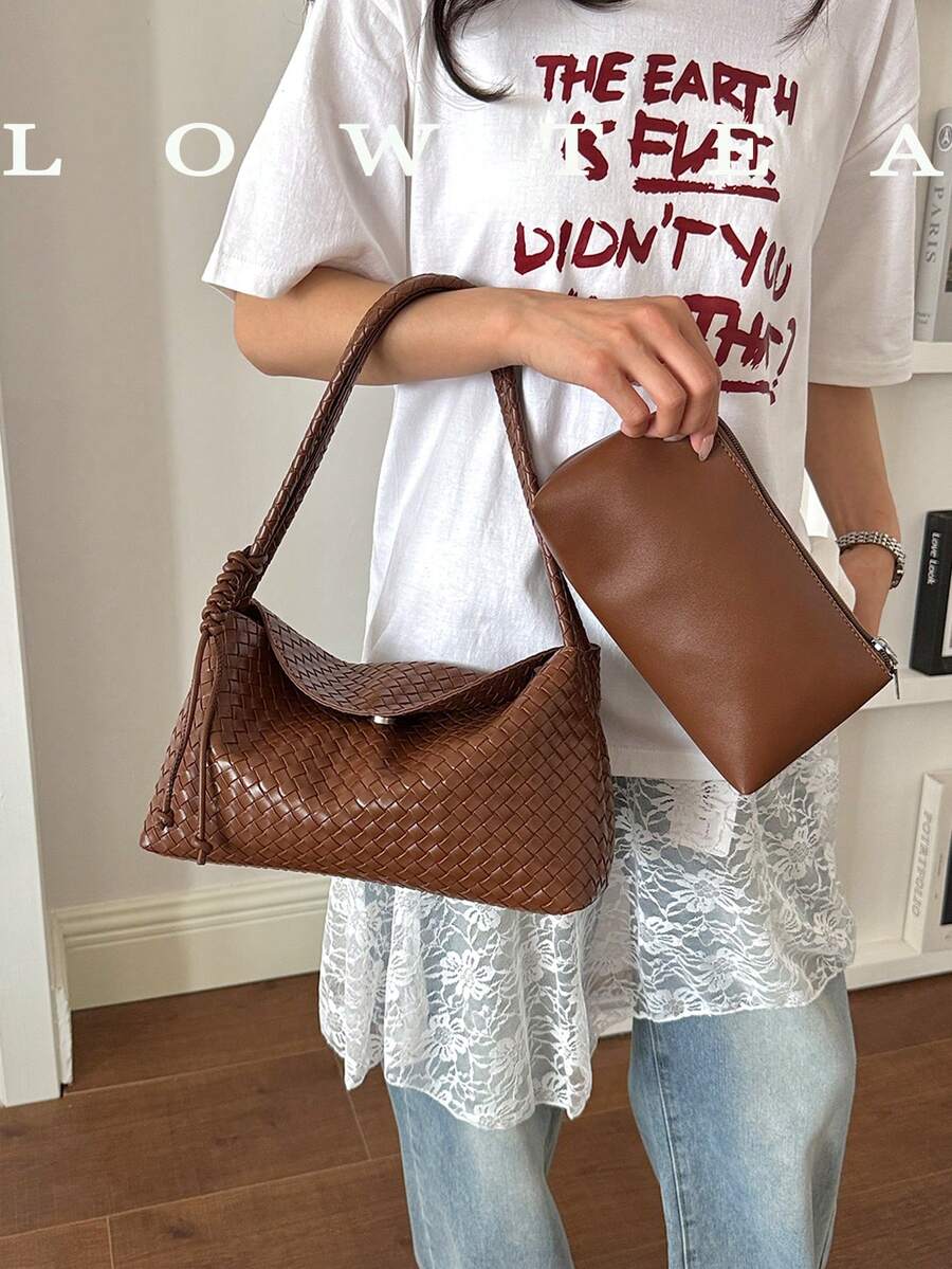 1pc Low Tea Solid Color PU Leather Handbag, Women's Retro Fashion Crescent Handbag, Top Single Handle Design, Snap Closure, Shoulder Strap Can Be Handheld Or Shoulder Worn, Suitable For Commuting, Outdoor, Travel, Hiking, Going Out