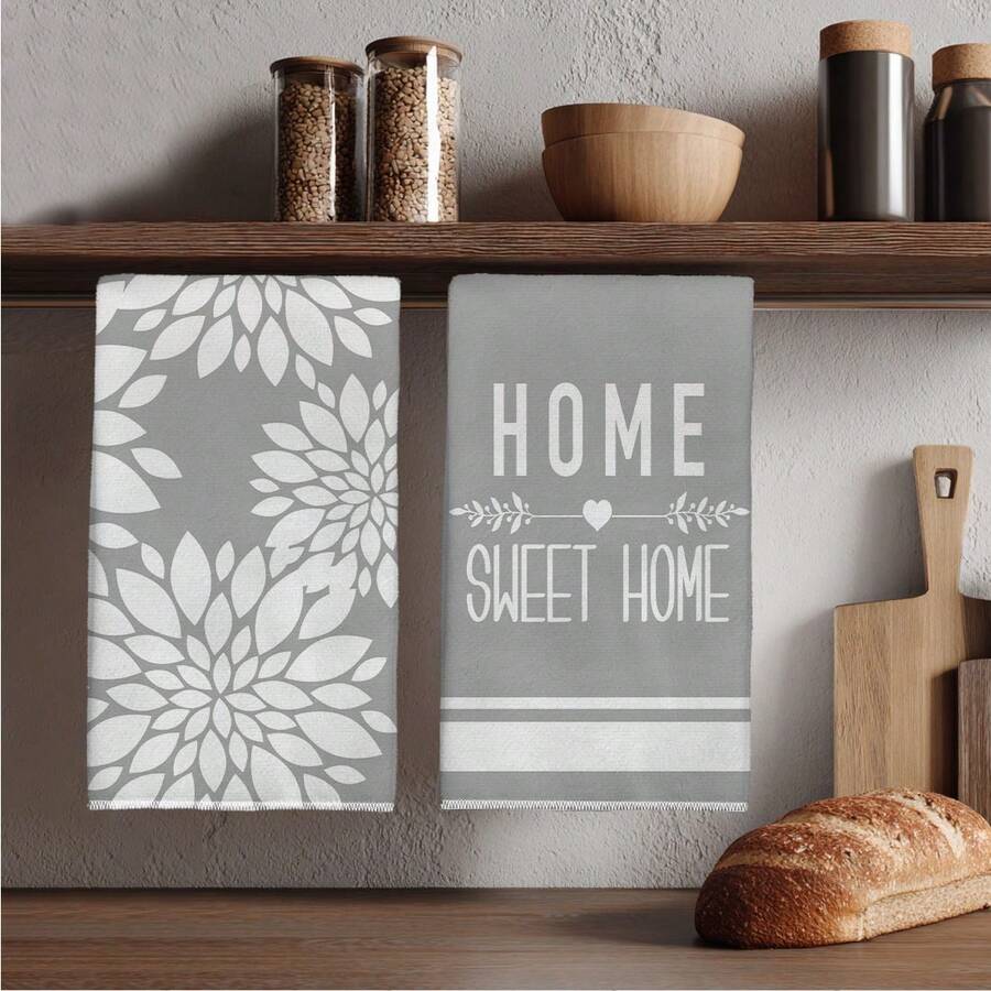 MEMNUN 2件裝灰色幾何花卉剪影 Home Sweet Home 文字印花廚房抹布 洗碗布 40*60cm/45*70cm 超細纖維現代柔軟抹布,廚房毛巾,洗碗布,手巾,抹布,家居裝飾,廚房裝飾,聖誕裝飾,烹飪烘焙茶巾 手巾 廚房配件 可機洗 清潔用品 適用於餐廳廚房日常裝飾與送禮 全季節 - 彩色 - 查看 1