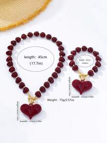2pcs/Set Fashionable Red Beaded Heart Necklace And Bracelet, Suitable For Women's Daily Wear, Party, Gift - Burgundy - View 4