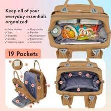 Mochila para pañales con cambiador portátil estuche para chupete y correas para cochecito - Canela - Ver 5