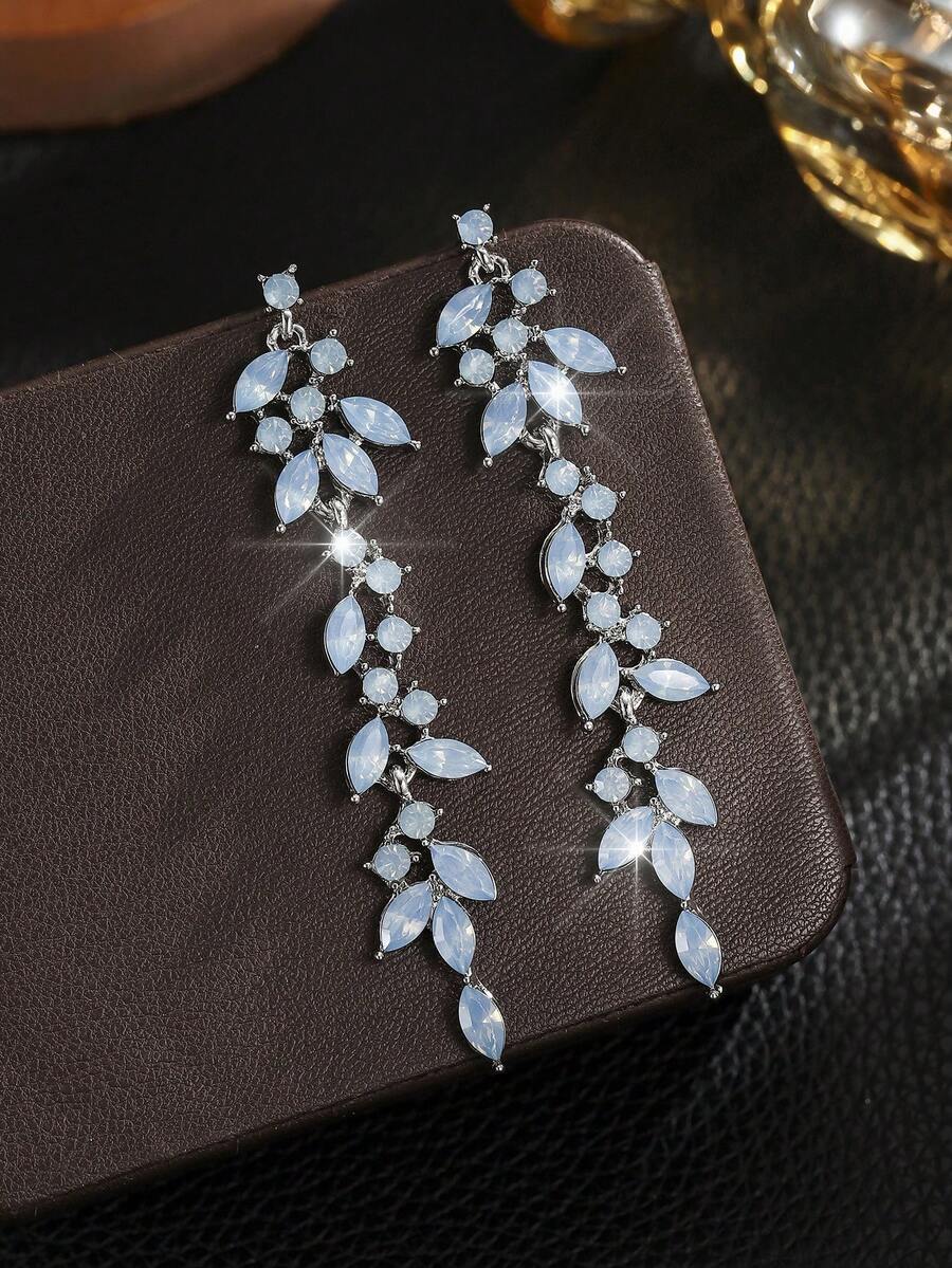 1對奢華水晶垂墜耳環,水鑽流蘇葉片吊墜耳環,適合新娘婚禮宴會派對配戴 - 淺藍色 - 查看 1