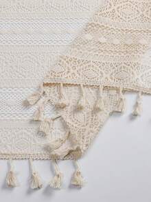 1 Panel Bohemian Lace Tassel Sheer Curtain, Rod Pocket Translucent Window Treatment, French Vintage Textured Cream Style Curtain, Suitable For Living Room And Bedroom, Combining Privacy Protection And Light Filtering Functions - Beige - View 7