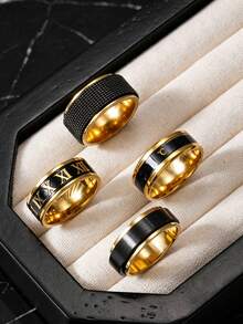 4pcs Fashion Gothic Stainless Steel Men's Multi-Color Ring Set With Mesh Temperature Roman Letter Matte Rotating Elements, Suitable For Men's Daily Wear And Holiday Accessories - Multicolor - View 4